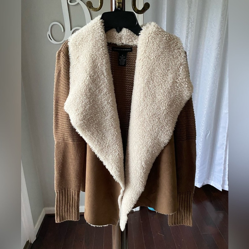 Grace Elements Brown Knit Faux Suede and Fur Cardigan sz M